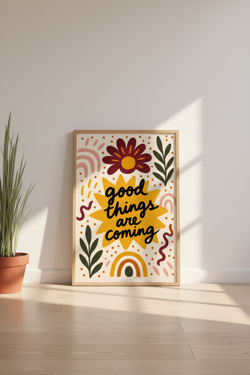 good things wall art | Boho sunburst palette, living room decor | Vibrant poster