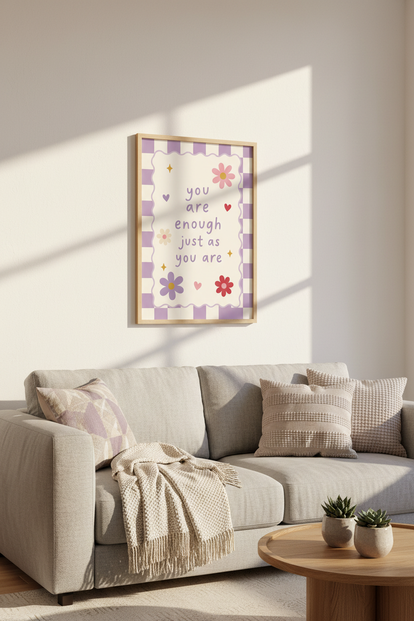 You Are Enough Print | Purple Checkered Flower Wall Art | Pastel Affirmation Poster