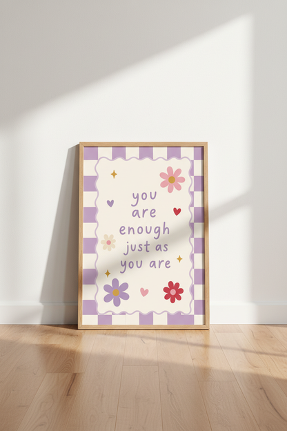 You Are Enough Print | Purple Checkered Flower Wall Art | Pastel Affirmation Poster