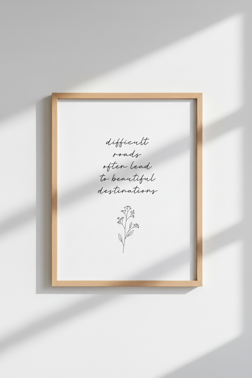 Difficult Roads Quote Wall Art | Minimalist Botanical Black &amp; White, Home Office Art