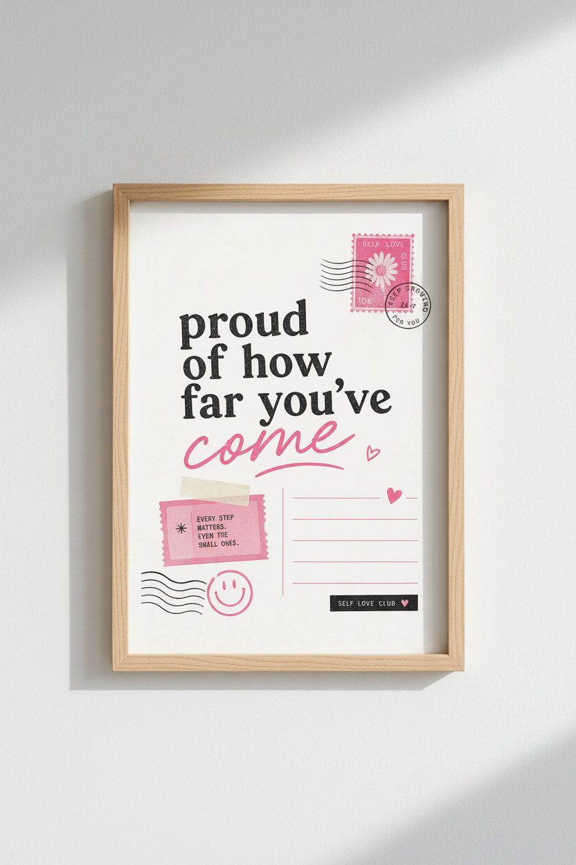 Self Love Wall Art Print | Pink Retro Postcard Design, Inspirational Bedroom Poster
