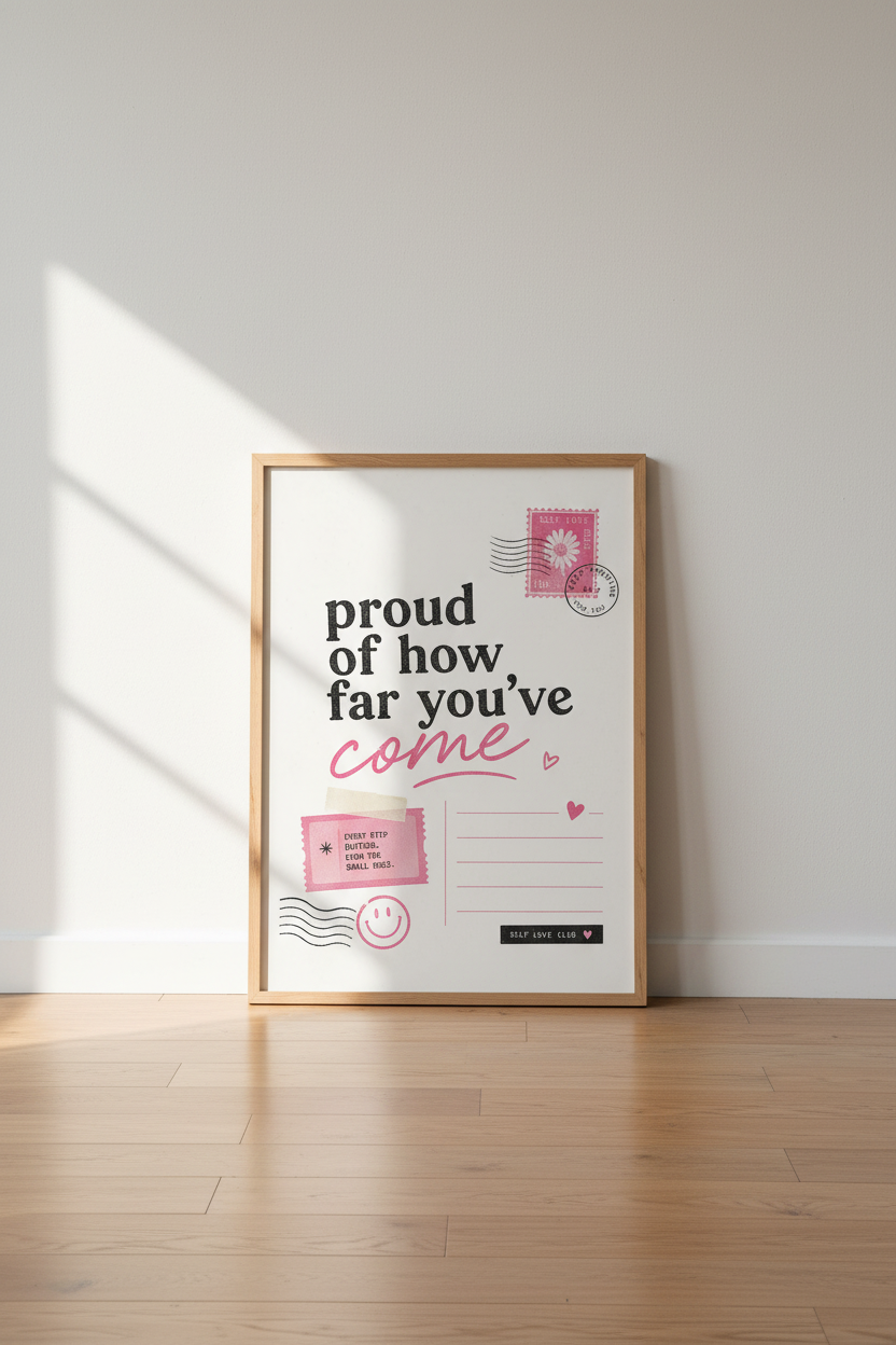 Self Love Wall Art Print | Pink Retro Postcard Design, Inspirational Bedroom Poster