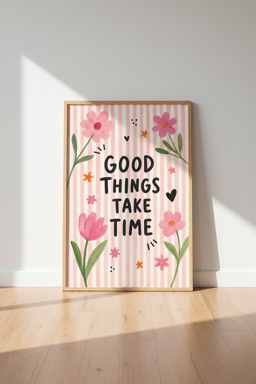 Good Things Take Time Floral Wall Art | Pink Stripe Aesthetic | Motivational Poster Print