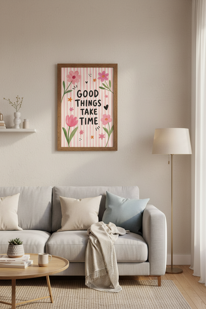 Good Things Take Time Floral Wall Art | Pink Stripe Aesthetic | Motivational Poster Print
