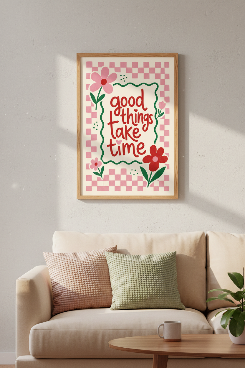 Good Things Take Time Wall Art | Pink Retro Flower Print | Preppy Dorm Decor