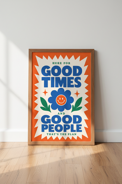 Good Times Good People Wall Art | Retro Smiley Poster | Colorful Dopamine Decor