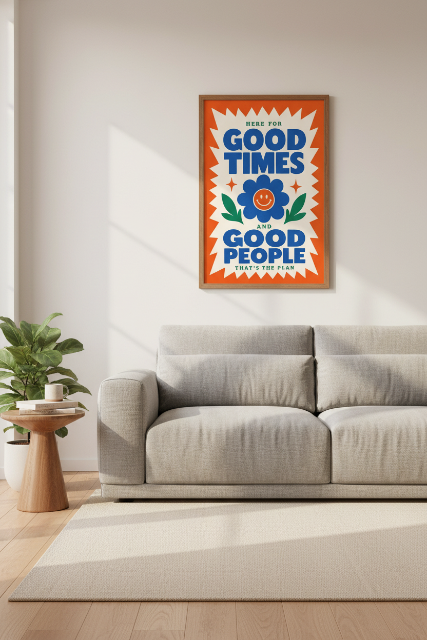 Good Times Good People Wall Art | Retro Smiley Poster | Colorful Dopamine Decor