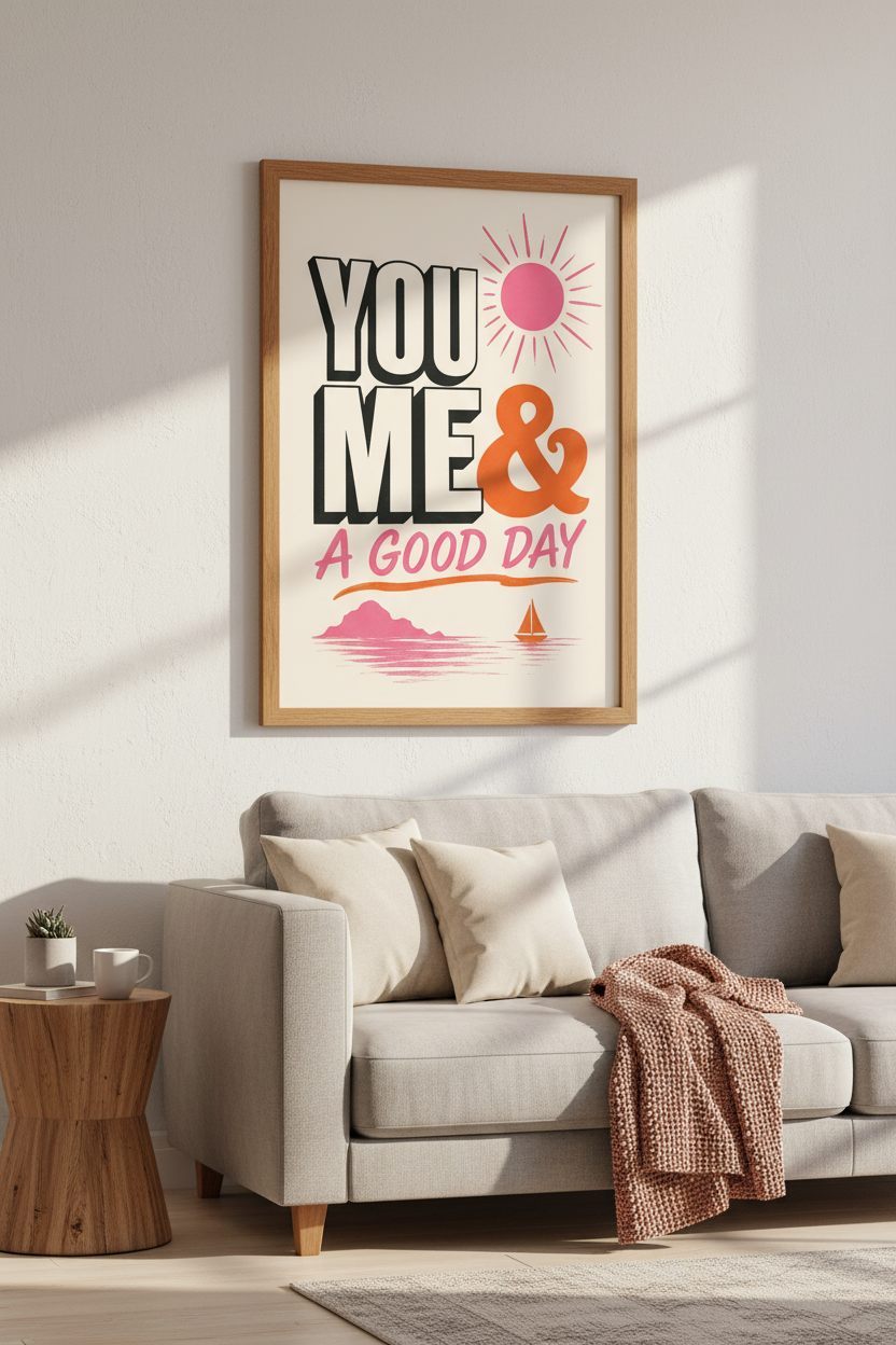 You Me &amp; A Good Day Retro Wall Art | Beach House Decor | Pink Typography Poster