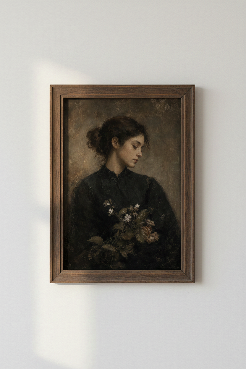Moody Woman with Flowers Portrait | Dark Academia Vintage Oil Style, Bedroom Art