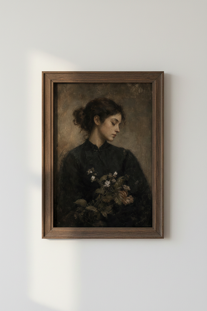 Moody Woman with Flowers Portrait | Dark Academia Vintage Oil Style, Bedroom Art