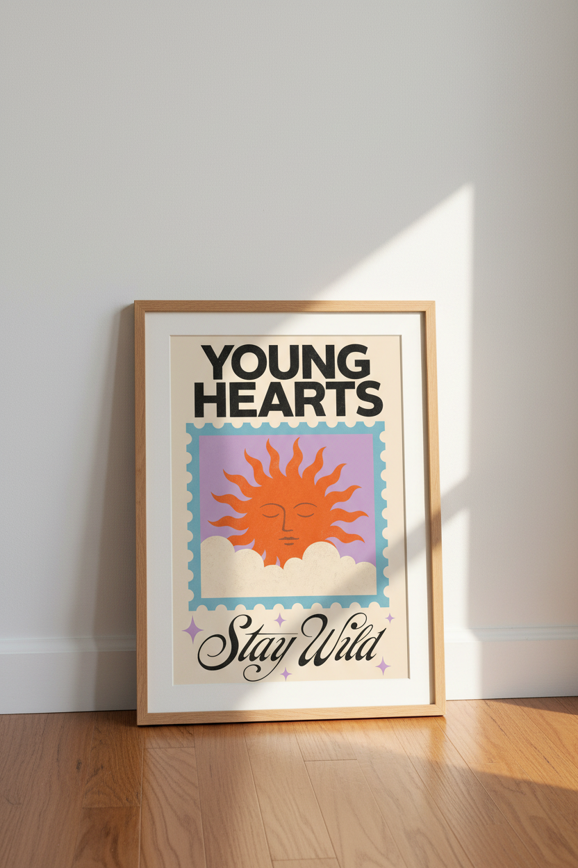 Young Hearts Stay Wild Sun Poster | Retro Boho Aesthetic, Dorm &amp; Living Room Art