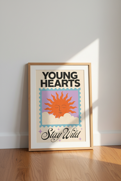 Young Hearts Stay Wild Sun Poster | Retro Boho Aesthetic, Dorm &amp; Living Room Art