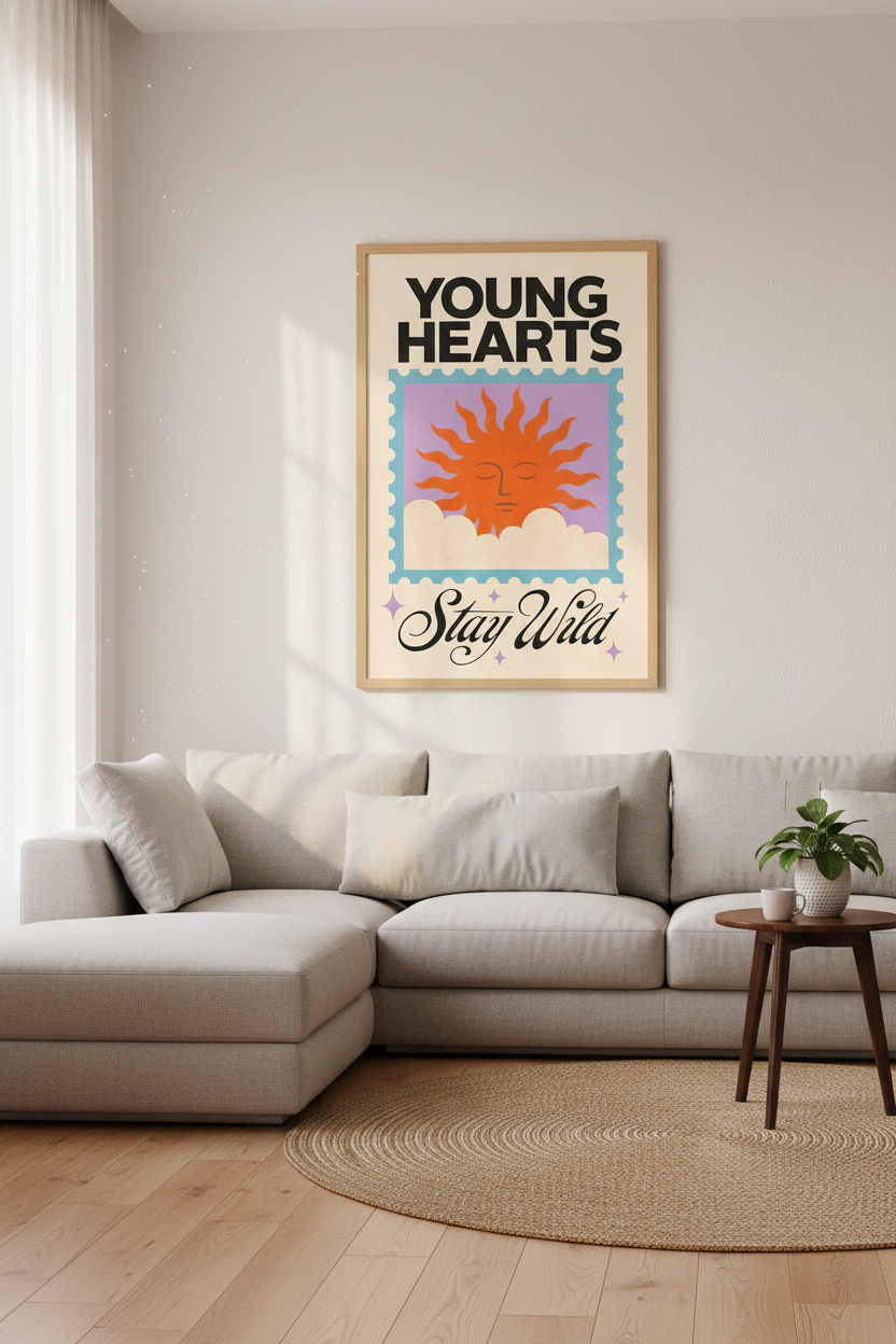 Young Hearts Stay Wild Sun Poster | Retro Boho Aesthetic, Dorm &amp; Living Room Art