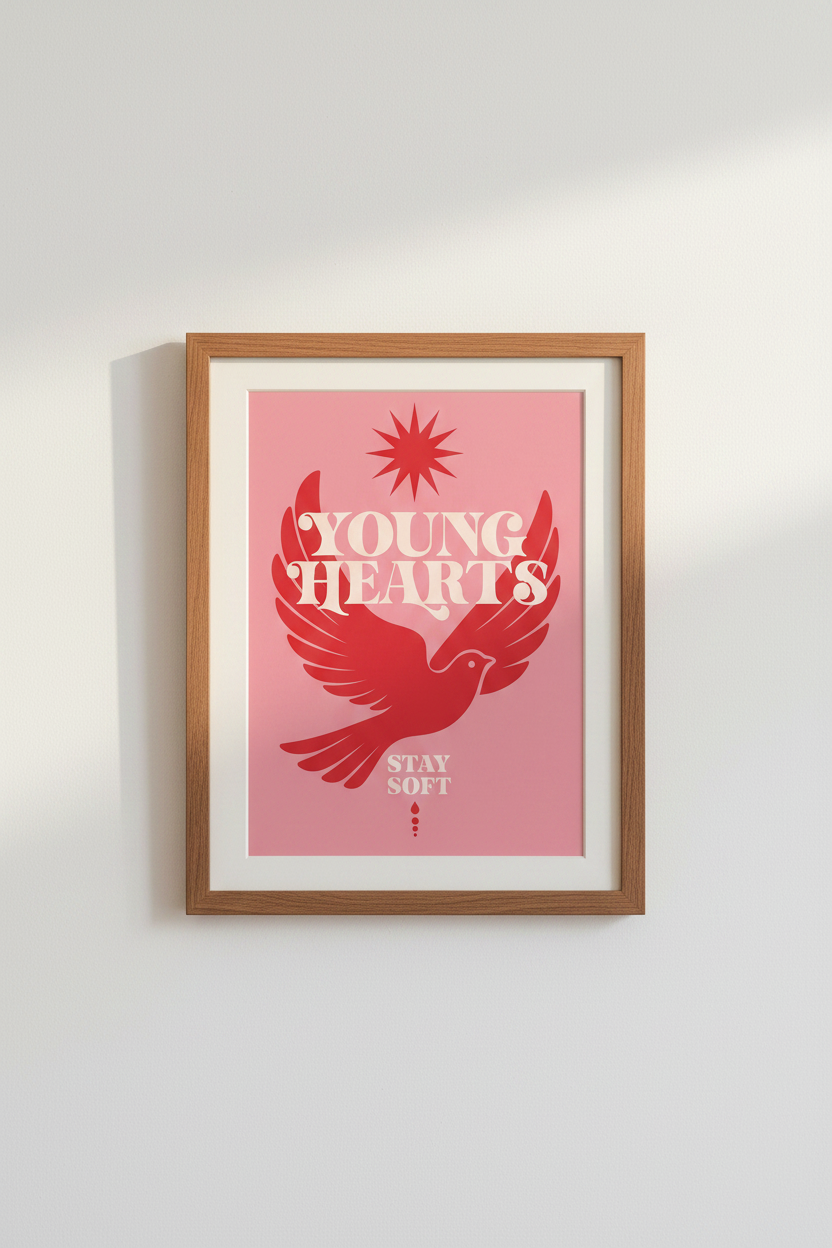Young Hearts Stay Soft Print | Retro Red Dove, Pink Bedroom Decor | Cool Girl Poster