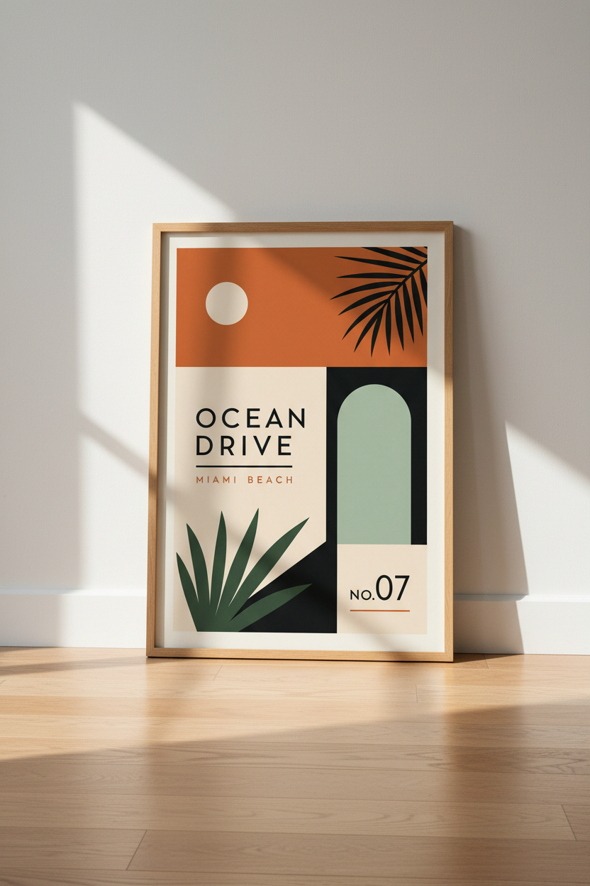 Miami Ocean Drive Wall Art | Retro Palm Beach Decor | Boho Modern Poster
