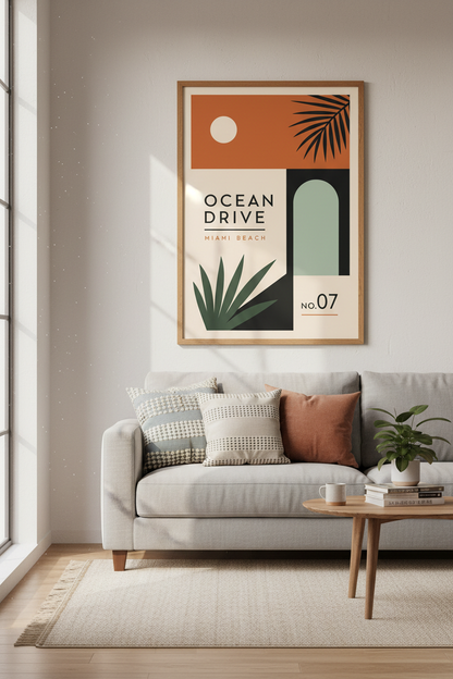 Miami Ocean Drive Wall Art | Retro Palm Beach Decor | Boho Modern Poster