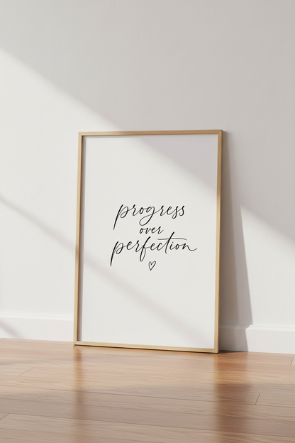 Progress Over Perfection Wall Art | Minimalist Office Decor | Script Quote Poster