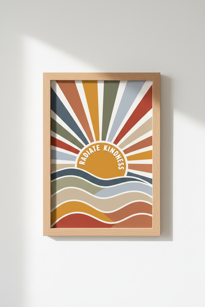 Radiate Kindness Sun Wall Art | Retro Boho Wave Poster, Nursery Decor