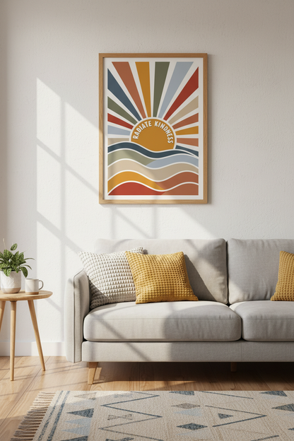 Radiate Kindness Sun Wall Art | Retro Boho Wave Poster, Nursery Decor