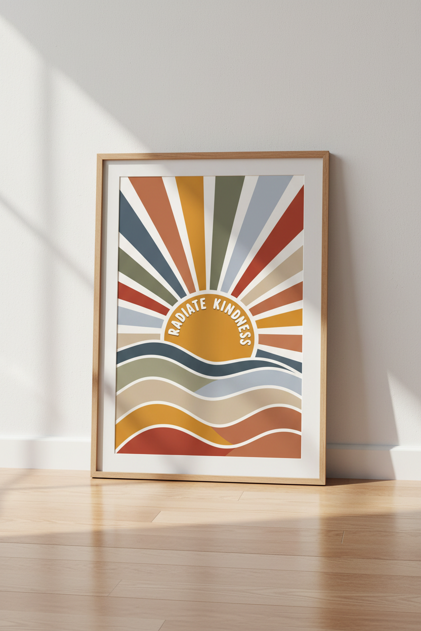 Radiate Kindness Sun Wall Art | Retro Boho Wave Poster, Nursery Decor