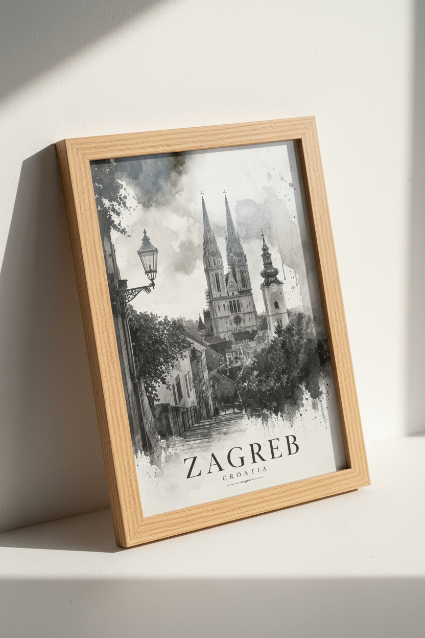 Zagreb Croatia Art Print | Black &amp; White Watercolor Cathedral Poster, Living Room Decor