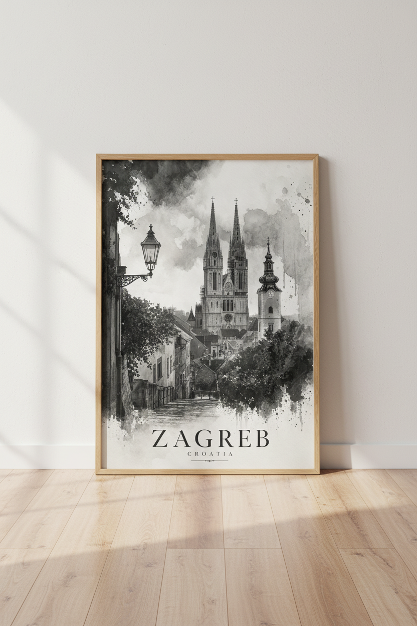 Zagreb Croatia Art Print | Black &amp; White Watercolor Cathedral Poster, Living Room Decor