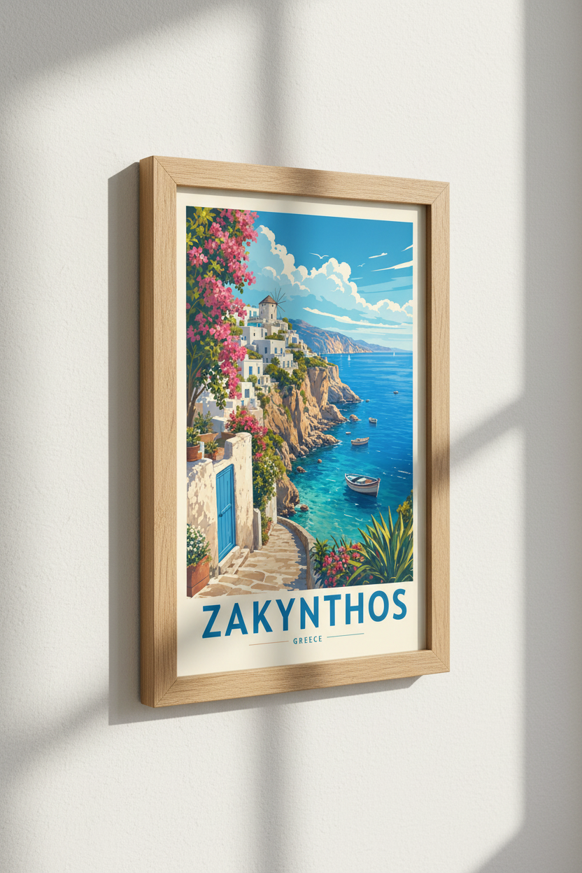 Zakynthos Greece Travel Wall Art Print | Coastal Living Room Decor | Mediterranean Poster
