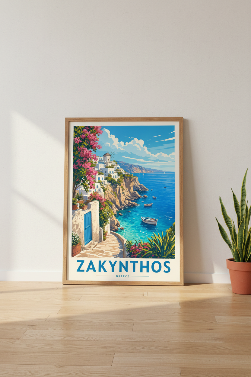 Zakynthos Greece Travel Wall Art Print | Coastal Living Room Decor | Mediterranean Poster