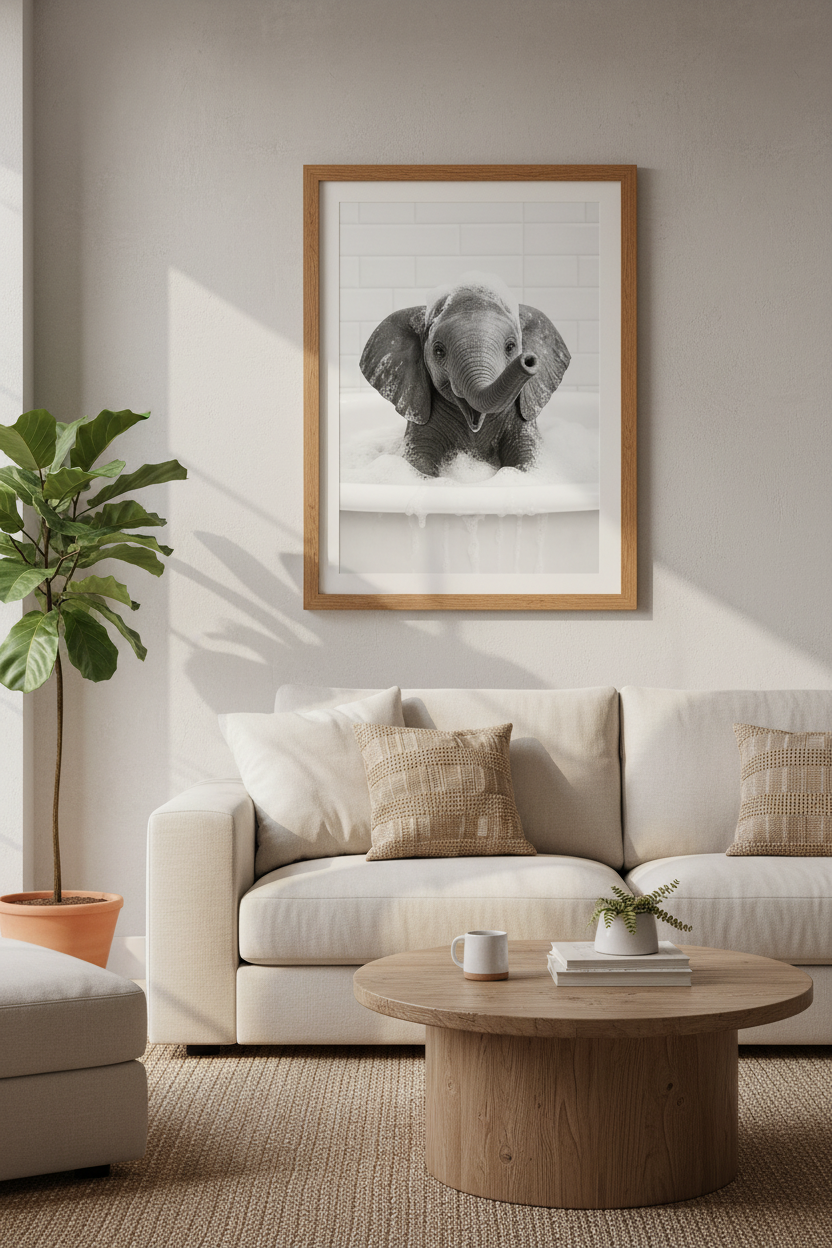 Baby Elephant in Bathtub Wall Art | Black and White Nursery Poster | Bathroom Decor
