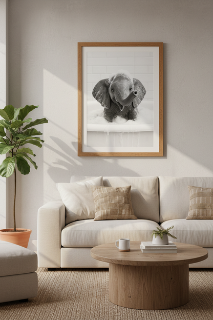 Baby Elephant in Bathtub Wall Art | Black and White Nursery Poster | Bathroom Decor