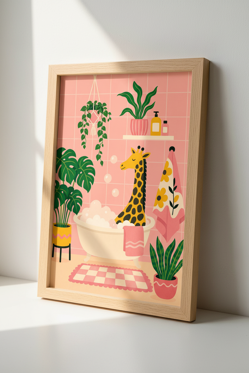 Giraffe in Bathtub Wall Art Print | Pink Bathroom Decor | Whimsical Animal Poster