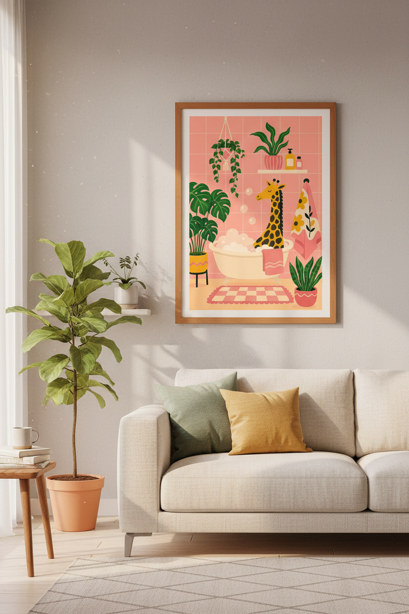 Giraffe in Bathtub Wall Art Print | Pink Bathroom Decor | Whimsical Animal Poster