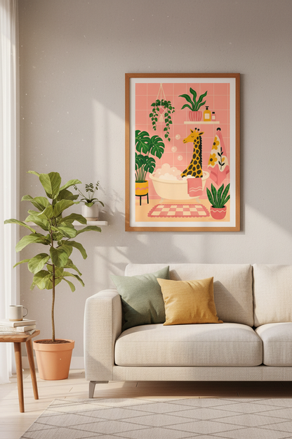 Giraffe in Bathtub Wall Art Print | Pink Bathroom Decor | Whimsical Animal Poster
