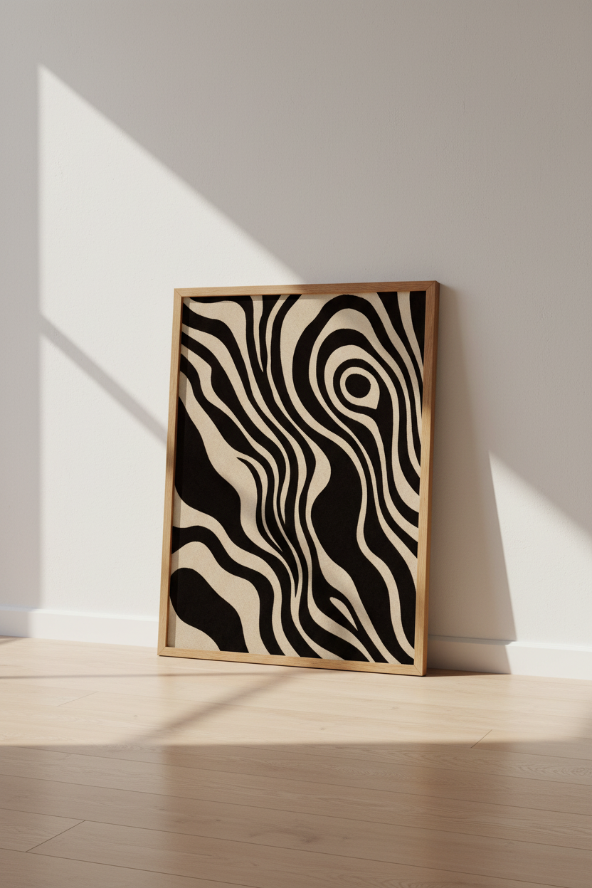 Abstract Zebra Swirl Wall Art | Black Beige Modern Decor | Neutral Poster