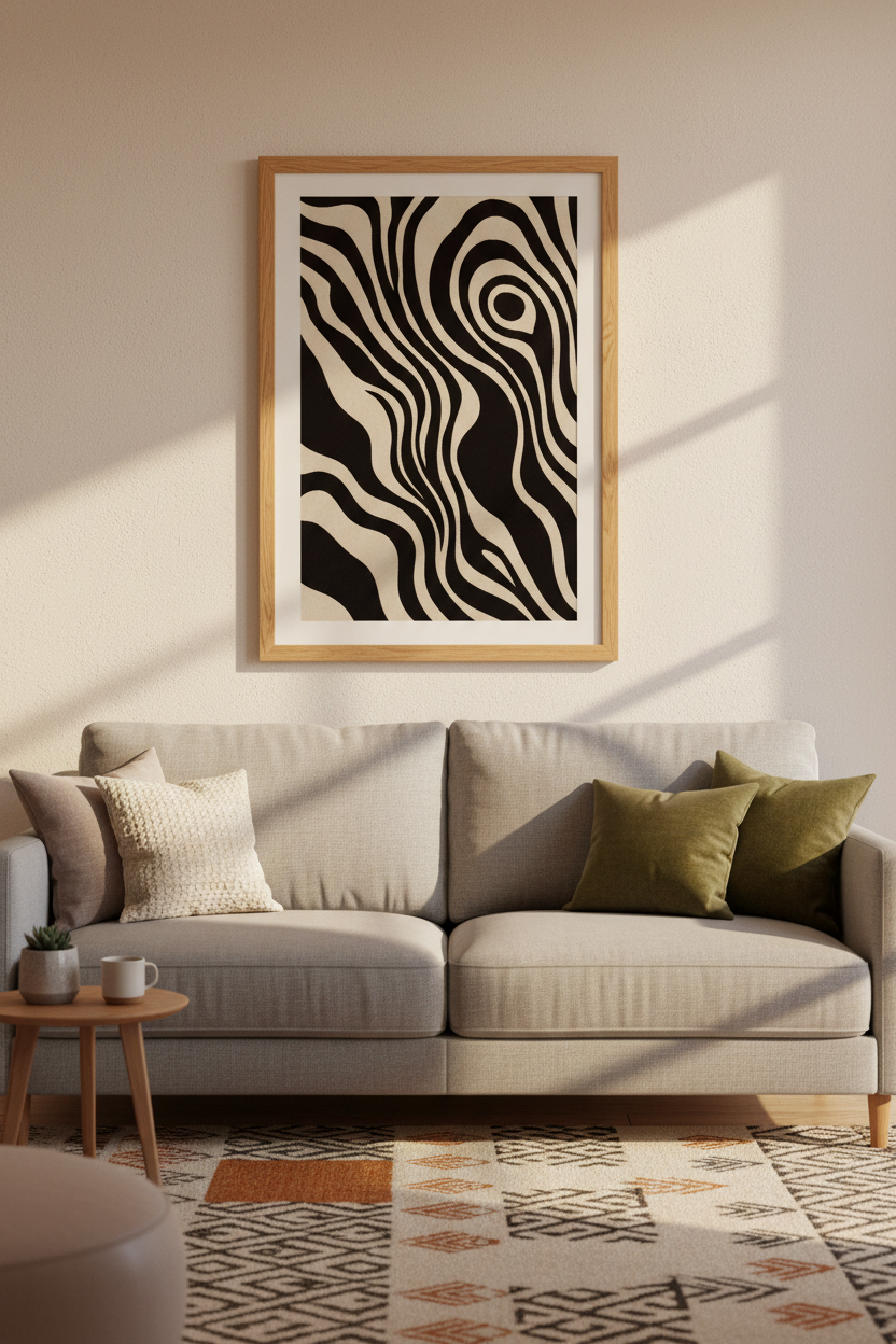 Abstract Zebra Swirl Wall Art | Black Beige Modern Decor | Neutral Poster