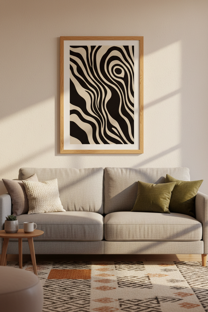 Abstract Zebra Swirl Wall Art | Black Beige Modern Decor | Neutral Poster