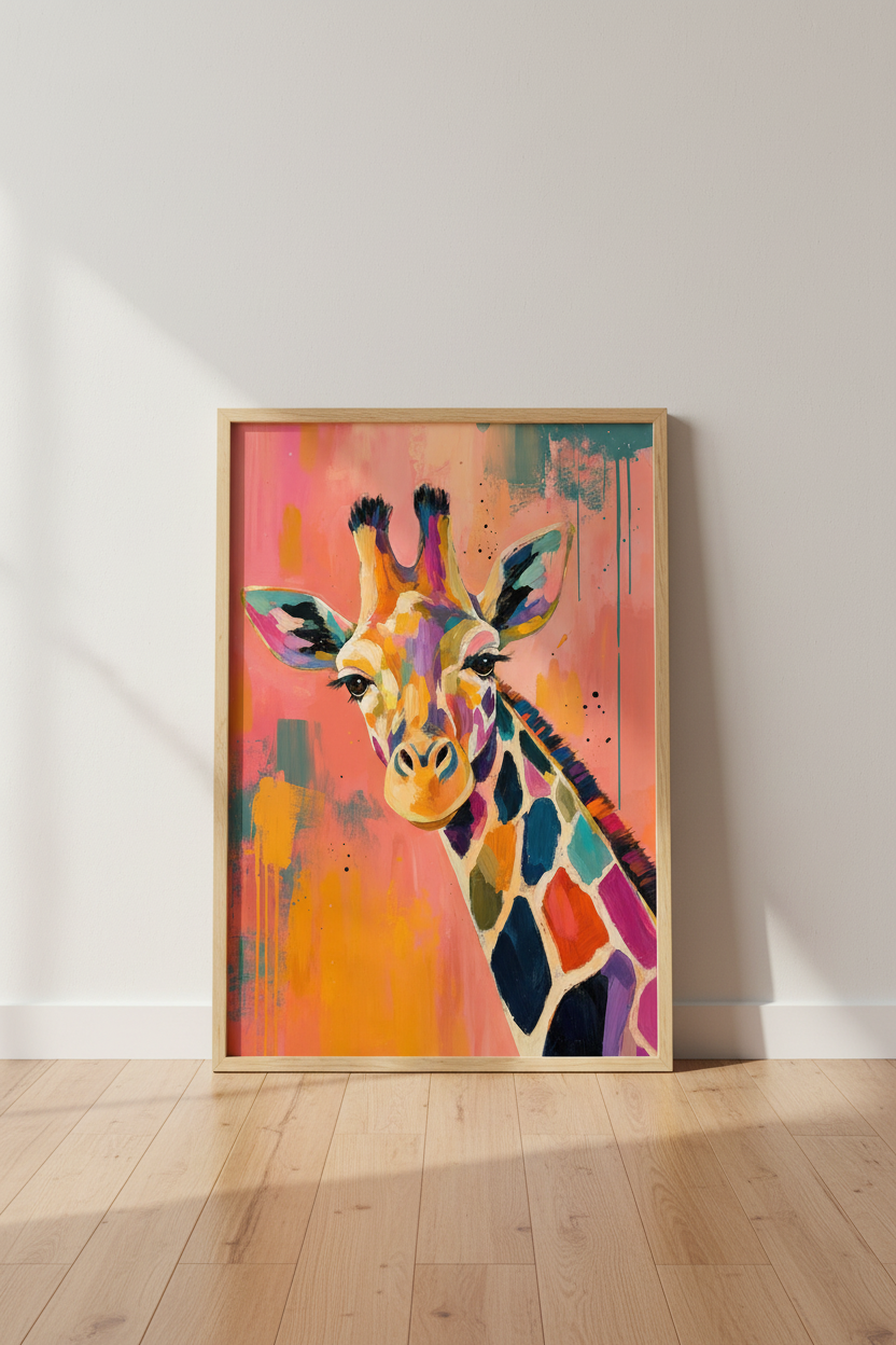 Colorful Giraffe Wall Art | Abstract Pink Animal Print | Modern Safari Nursery Decor
