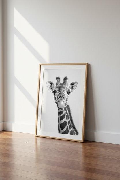 Giraffe Blowing Bubblegum Wall Art | Black and White Nursery Decor | Whimsical Poster