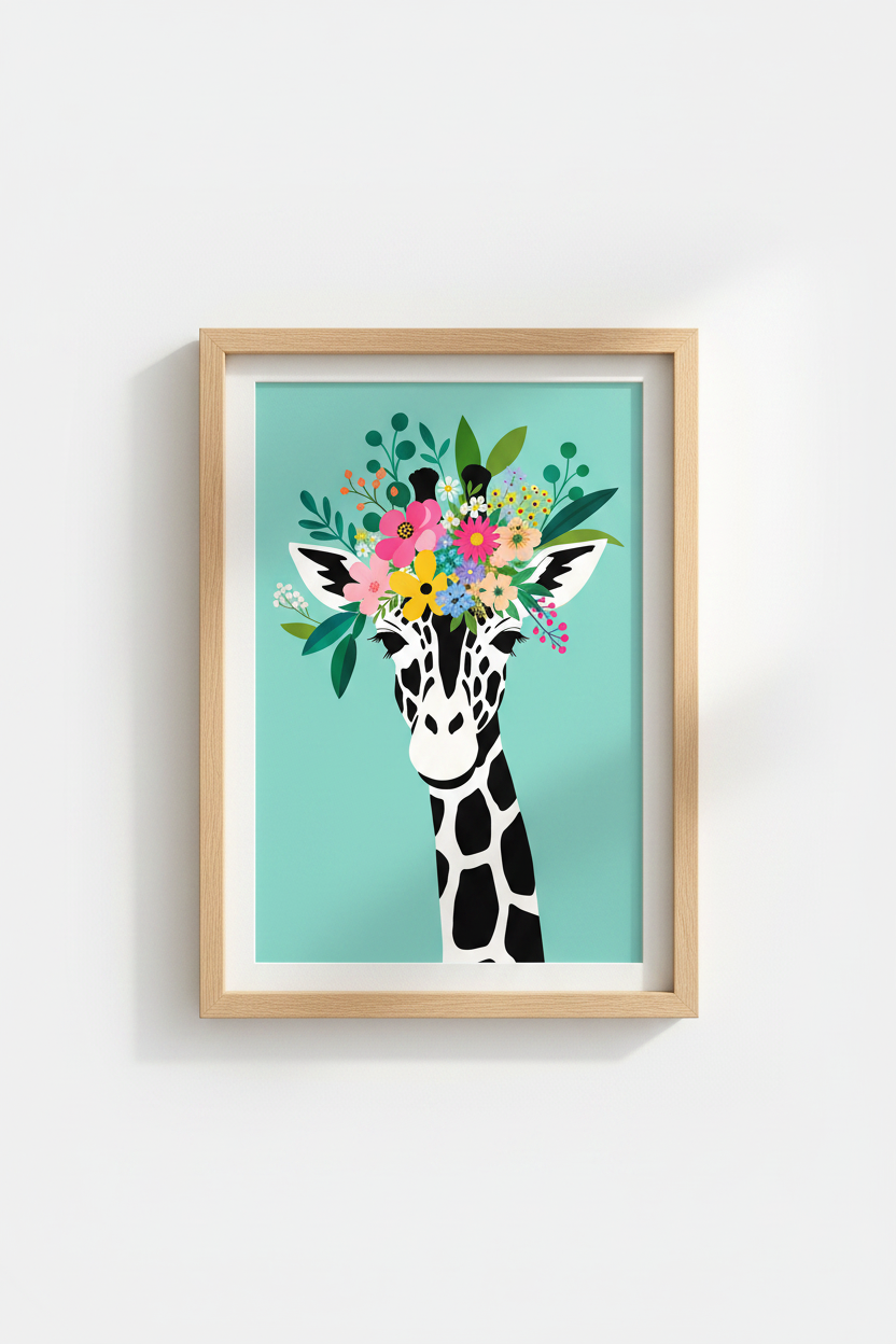 Giraffe Nursery Wall Art Print | Giraffe with Floral Crown Poster, Colorful Safari Decor