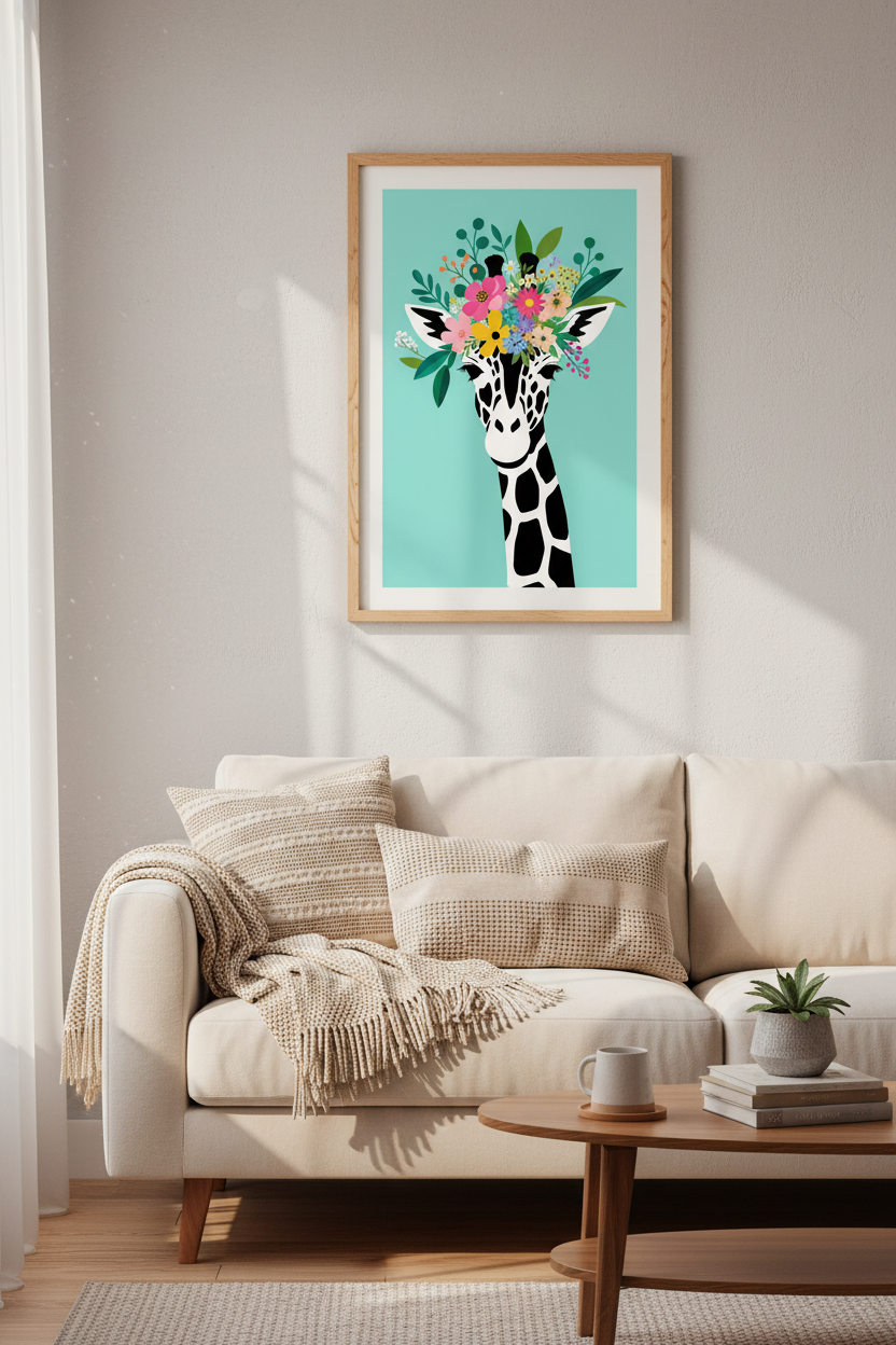 Giraffe Nursery Wall Art Print | Giraffe with Floral Crown Poster, Colorful Safari Decor