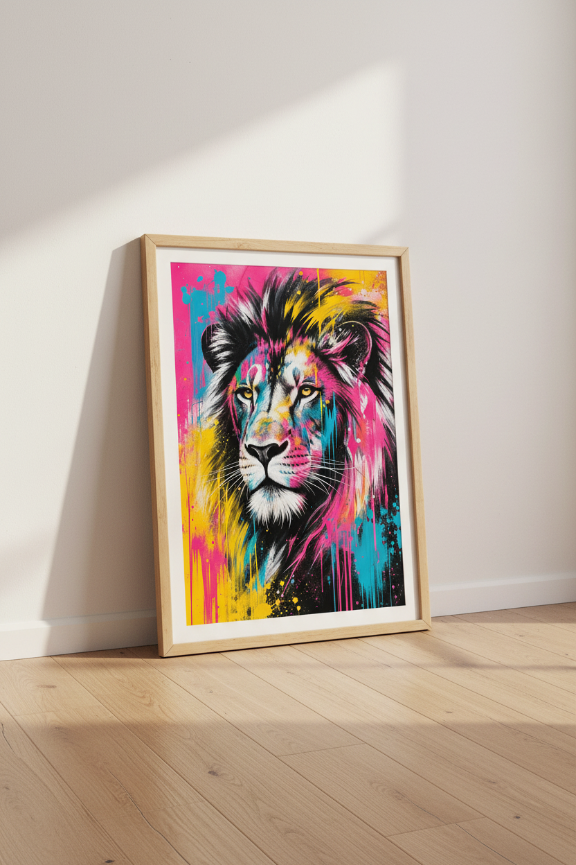 Colorful Lion Graffiti Wall Art | Neon Pop Art Poster, Modern Living Room Decor