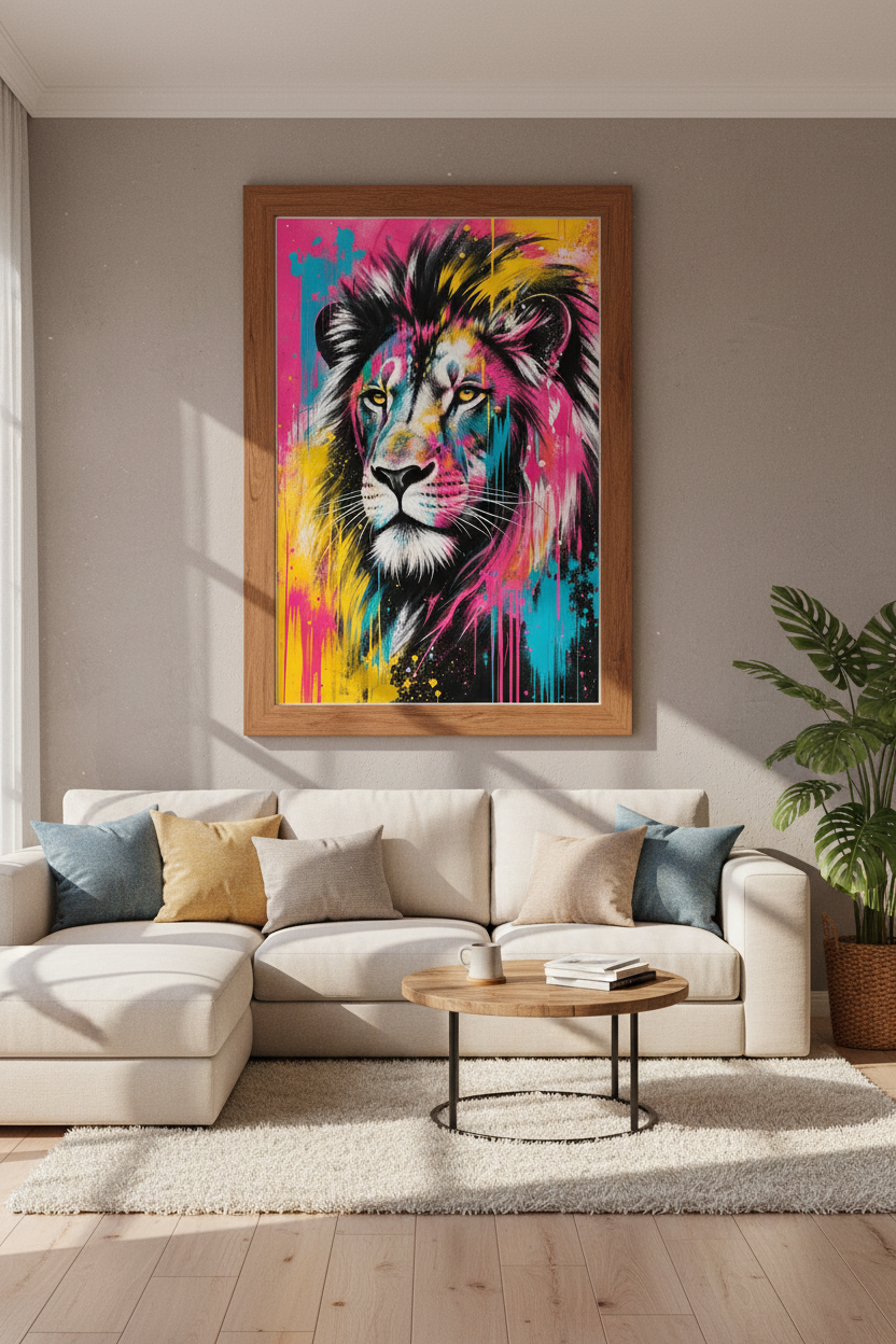 Colorful Lion Graffiti Wall Art | Neon Pop Art Poster, Modern Living Room Decor