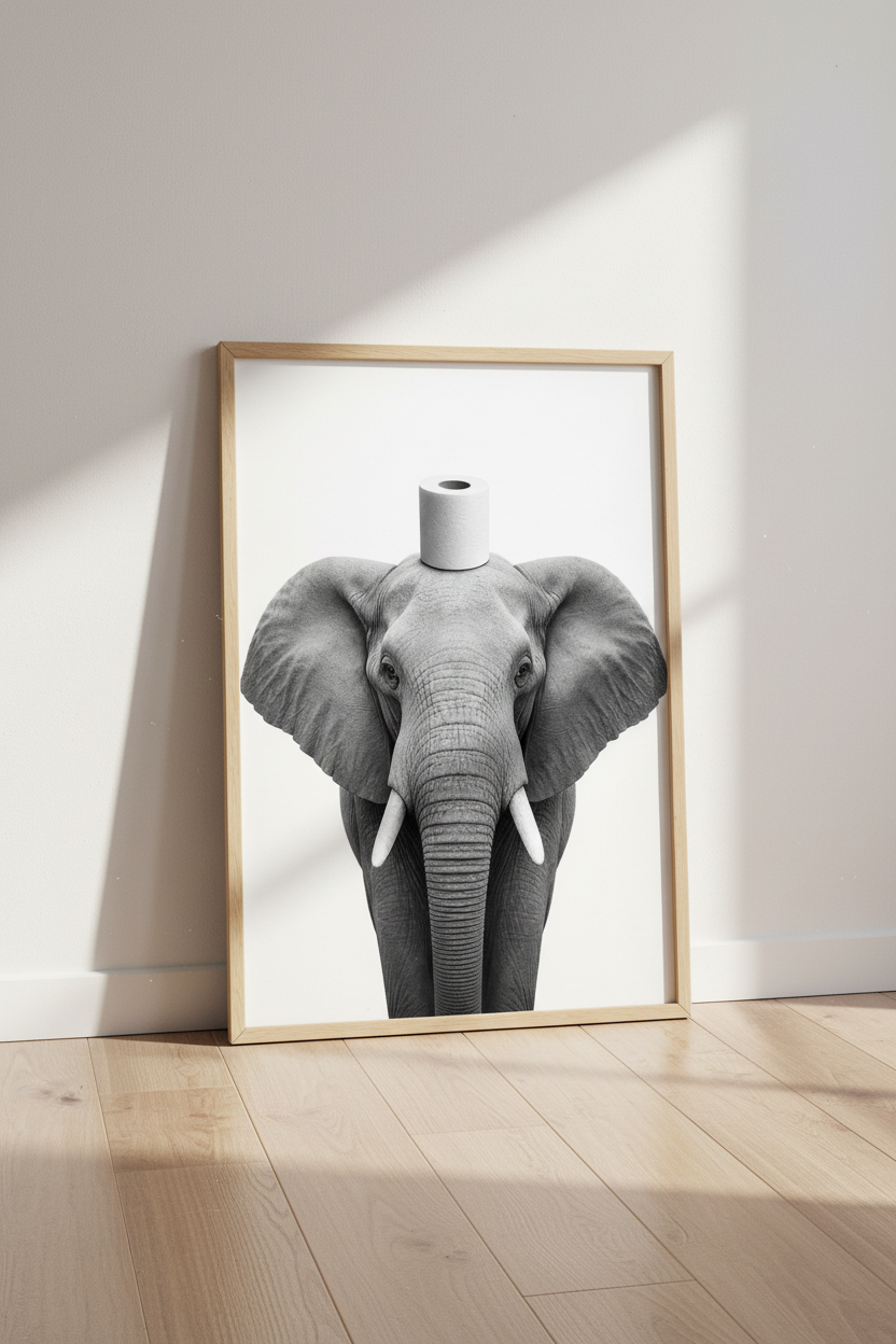 Funny Elephant Bathroom Wall Art | Black and White Humor Poster | Modern Powder Room Decor