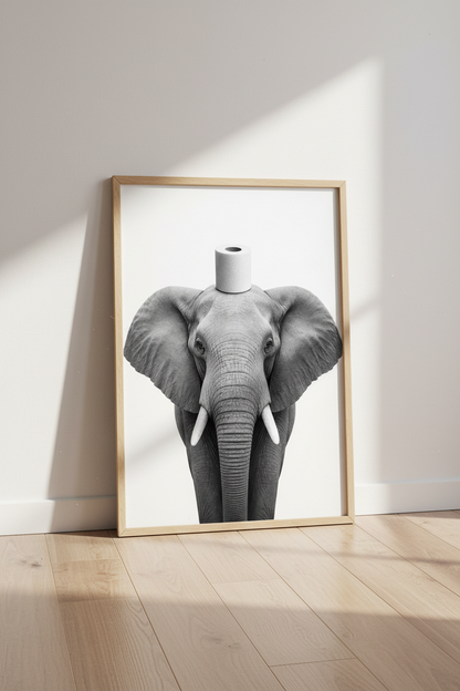 Funny Elephant Bathroom Wall Art | Black and White Humor Poster | Modern Powder Room Decor