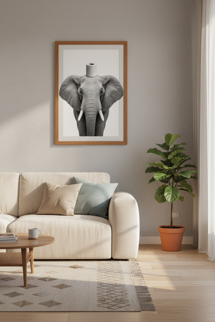 Funny Elephant Bathroom Wall Art | Black and White Humor Poster | Modern Powder Room Decor