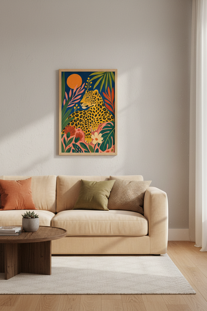 Leopard Jungle Wall Art | Bold Maximalist Tropical Print | Modern Living Room Decor