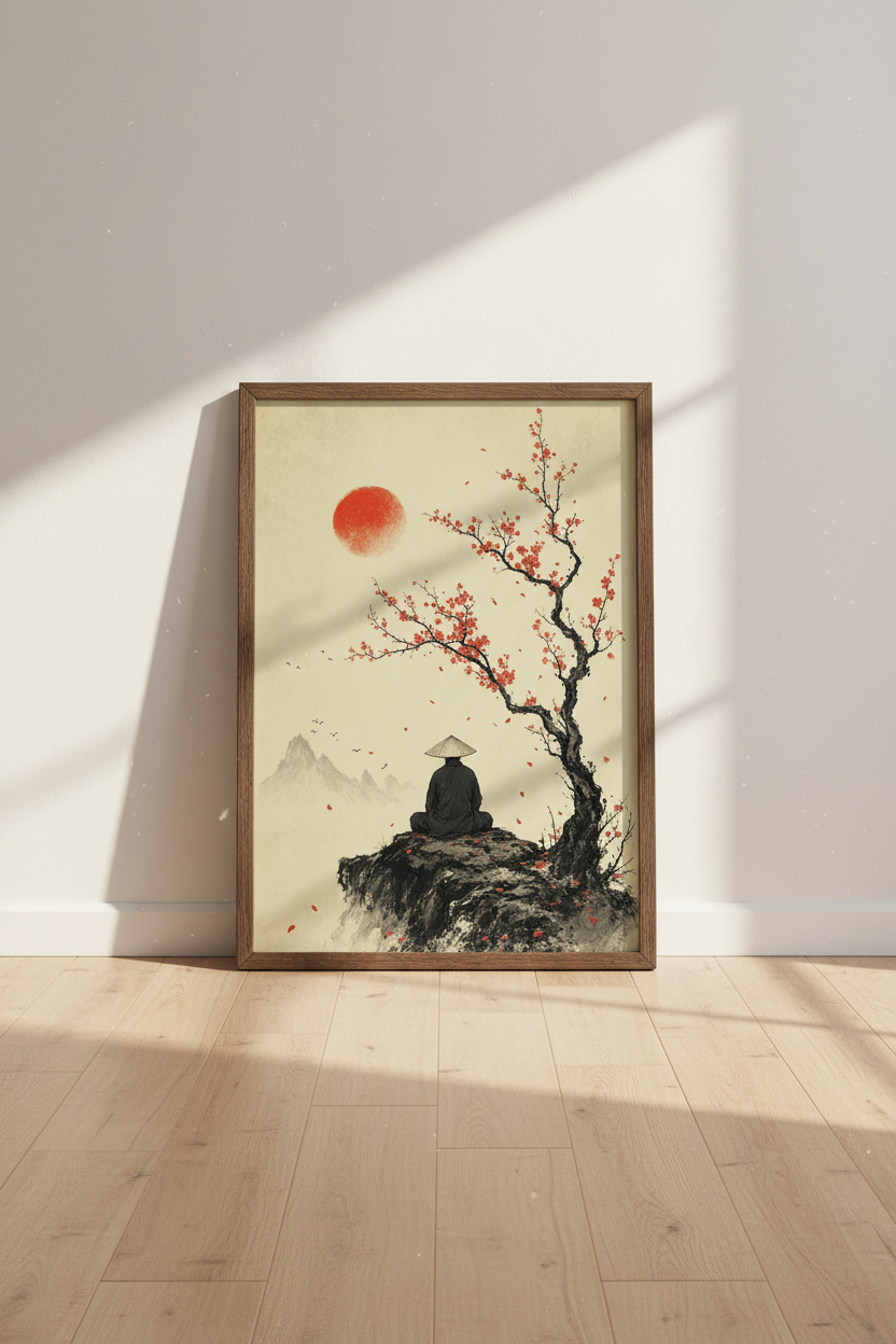 Zen Samurai &amp; Cherry Blossom Wall Art Print | Japanese Landscape Decor | Minimalist Poster