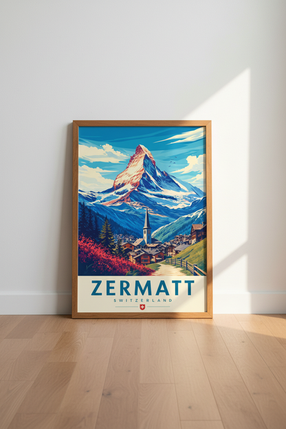 Zermatt Switzerland Travel Poster | Matterhorn Mountain Print, Alpine Cabin Decor
