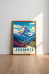 Zermatt Switzerland Travel Poster | Matterhorn Mountain Print, Alpine Cabin Decor