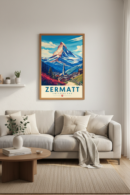 Zermatt Switzerland Travel Poster | Matterhorn Mountain Print, Alpine Cabin Decor
